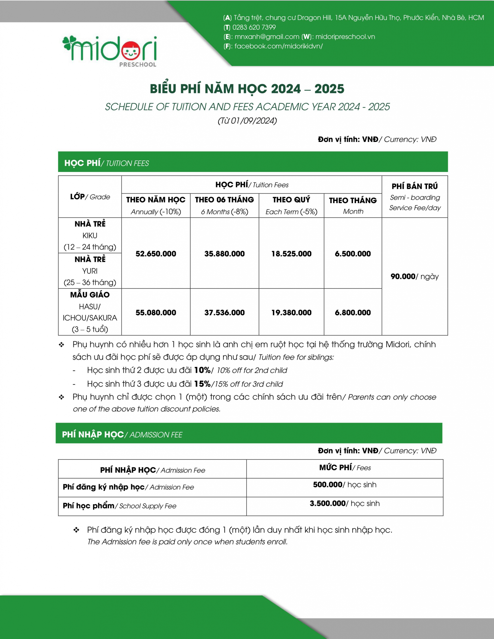MIDORI DRAGON HILL- Biểu phí năm học 2024-2025 (từ 01/09/2024)