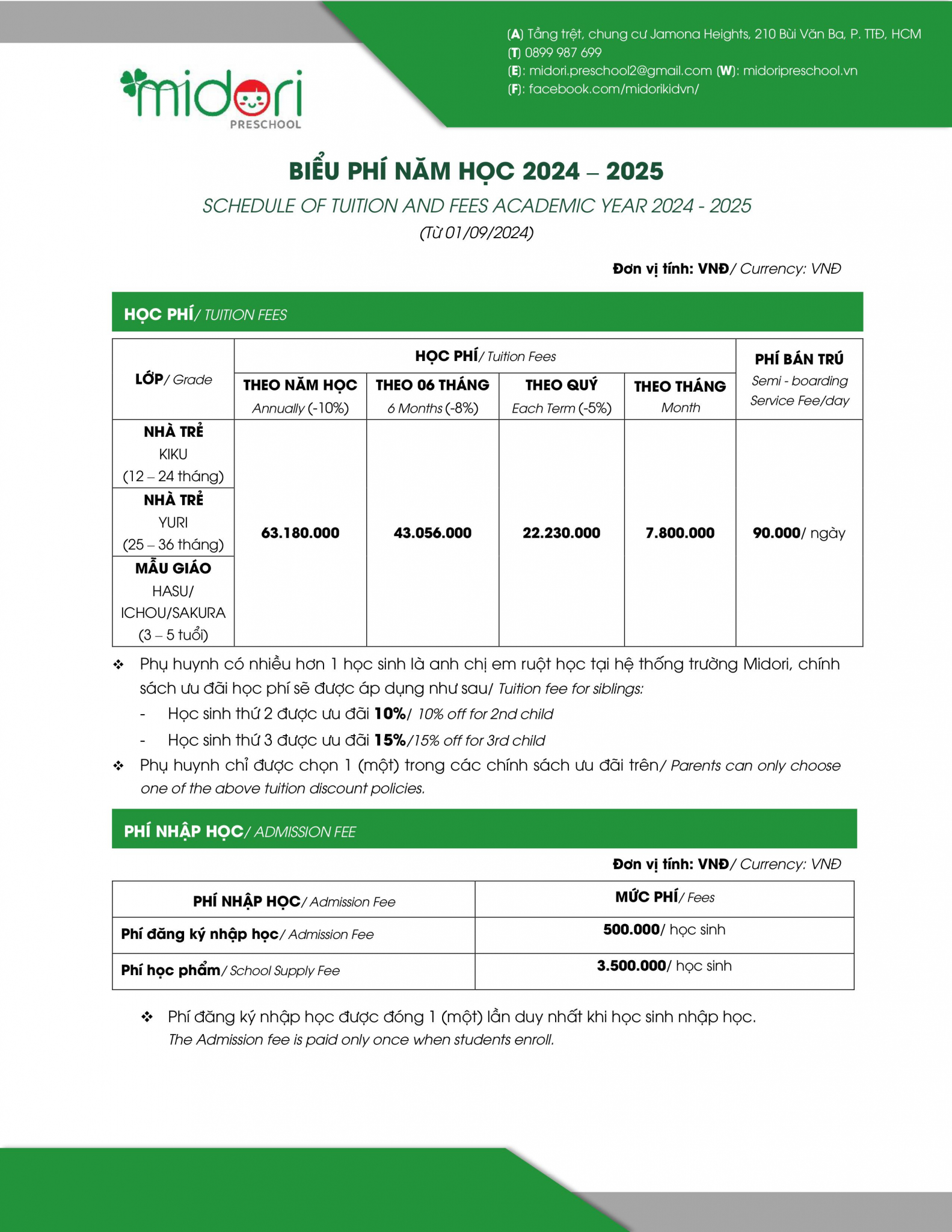 MIDORI JAMONA HEIGHTS - Biểu phí năm học 2024-2025 (từ 01/09/2024)