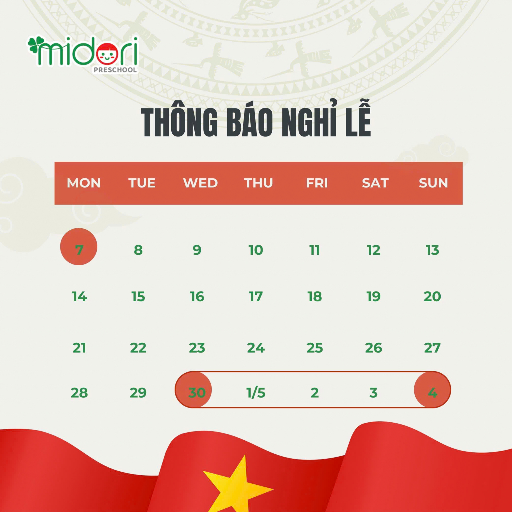 Thông báo lịch nghỉ lễ tháng 4 & tháng 5